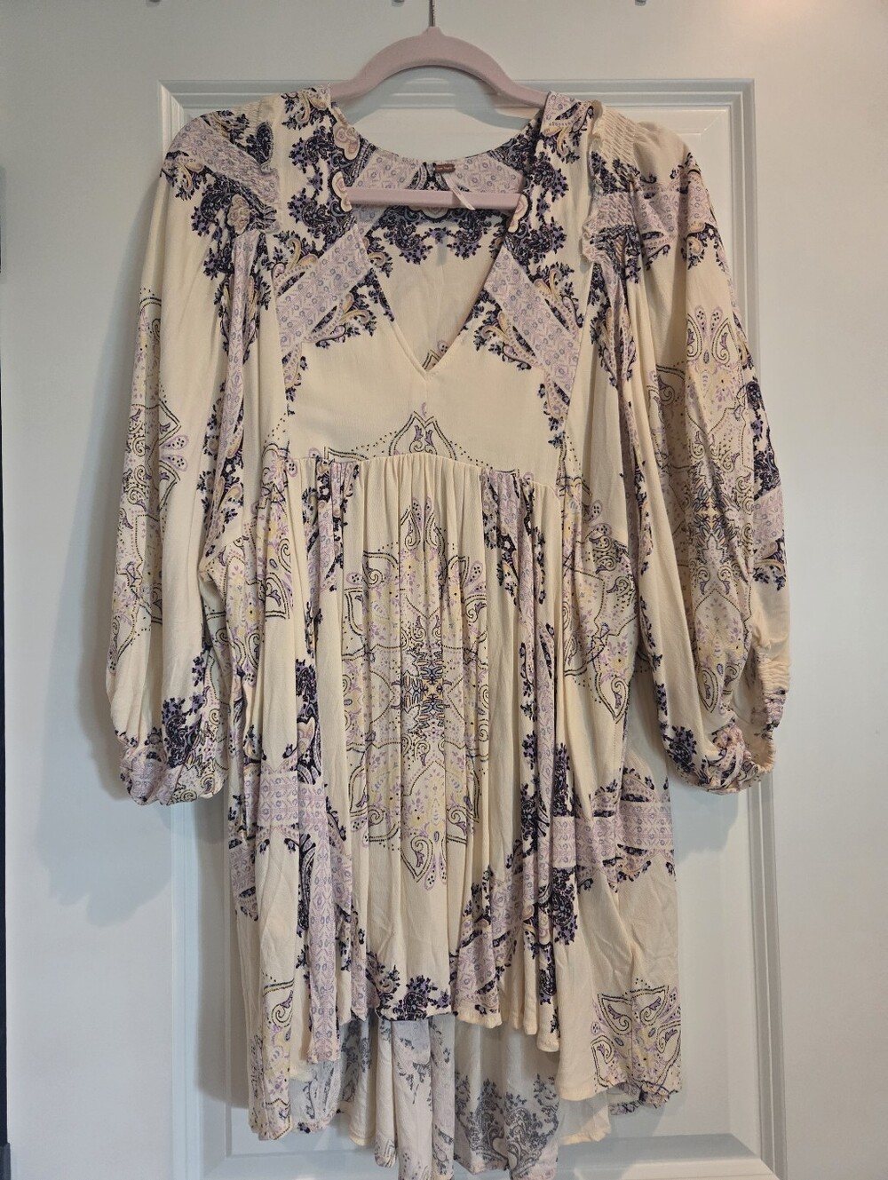 Free People Boho V-Neck Floral Patchwork Dress in Cream and Lavender